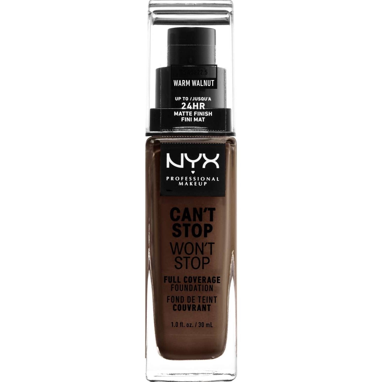 NYX Cant Stop Wont Stop Full Coverage Foundation 22.5 - Warm Walnut 1.0 FL Oz NYX Cant Stop Wont Stop Full Coverage Foundation 22.5 - Warm Walnut 1.0 FL Oz