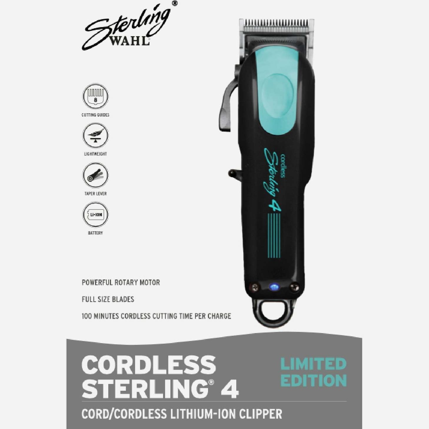 Wahl Sterling Black/Aqua Cord/Cordless Sterling 4 Clipper Limited Edition Wahl Sterling Black/Aqua Cord/Cordless Sterling 4 Clipper Limited Edition