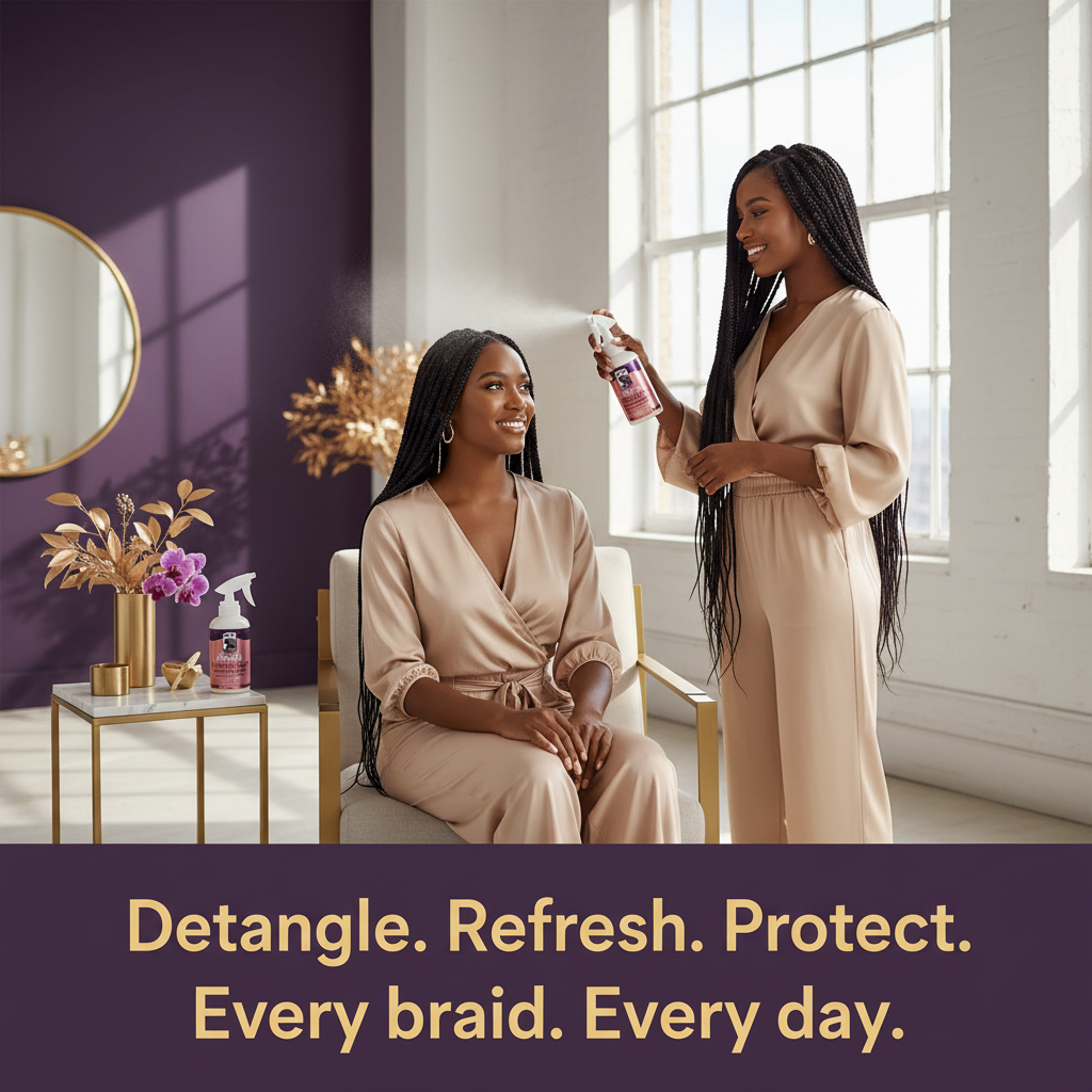 Nappy Styles Braids Detangling Leave-In Conditioning Spray Lifestyle - Detangle. Refresh. Protect. Nappy Styles Braids Detangling Leave-In Conditioning Spray