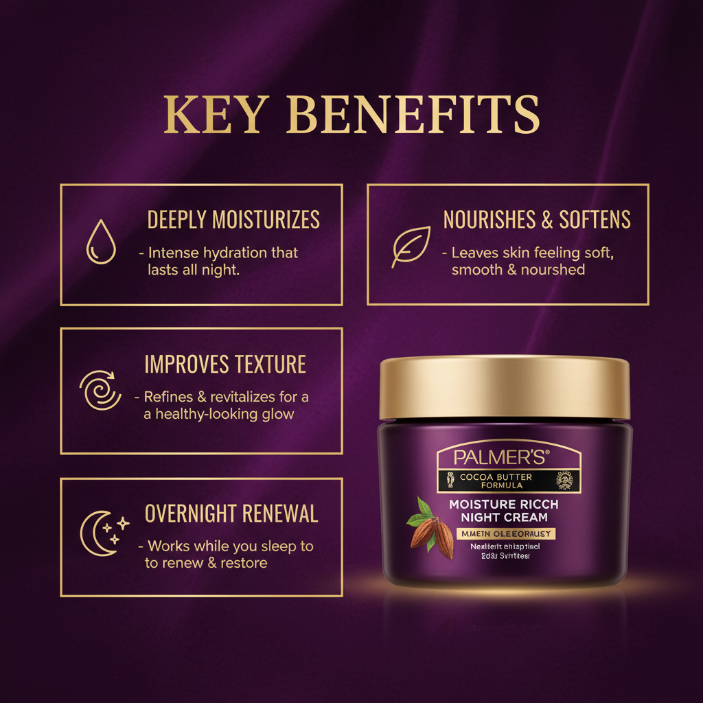 Palmers Cocoa Butter Formula Face Night Cream Palmer's Cocoa Butter Formula Moisture Rich Night Cream - Key Benefits