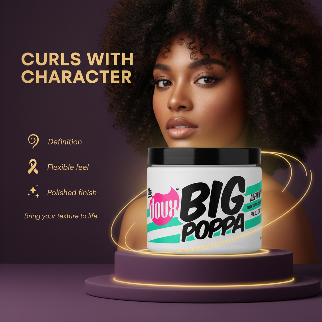 The Doux Big Poppa Defining Gel 16 oz The Doux Big Poppa Defining Gel with curl definition benefits on a deep purple and gold background