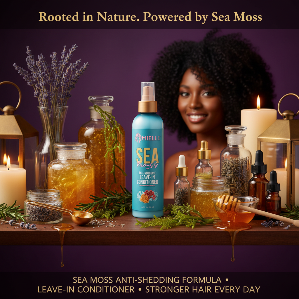 Mielle Sea Moss Anti-Shedding Leave-In Conditioner Hero - Rooted in Nature. Powered by Sea Moss. Mielle Sea Moss Anti-Shedding Leave-In Conditioner