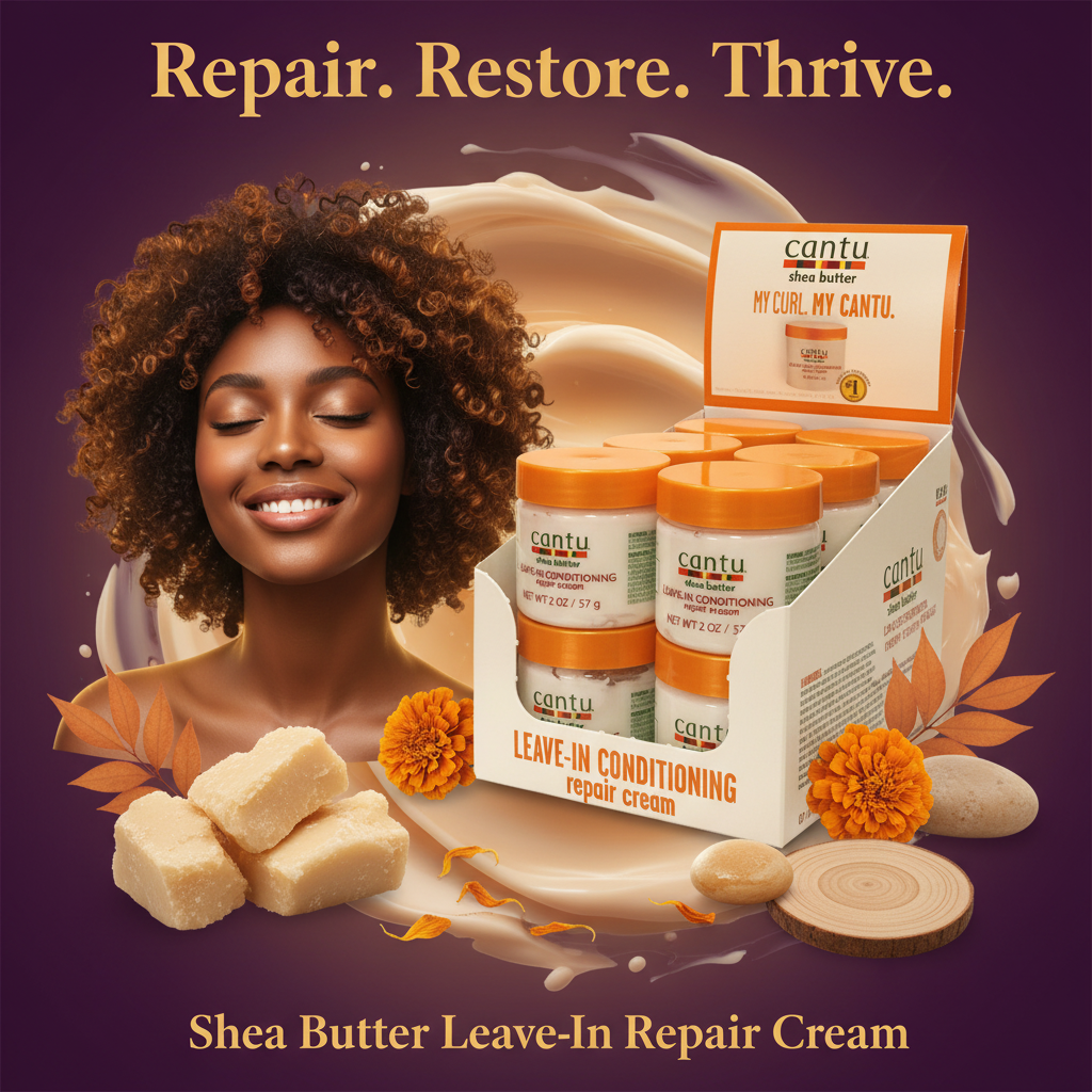Cantu Shea Butter Leave-In Conditioning Repair Cream 12 Piece Display (2oz) Hero - Repair. Restore. Thrive. Cantu Shea Butter Leave-In Conditioning Repair Cream