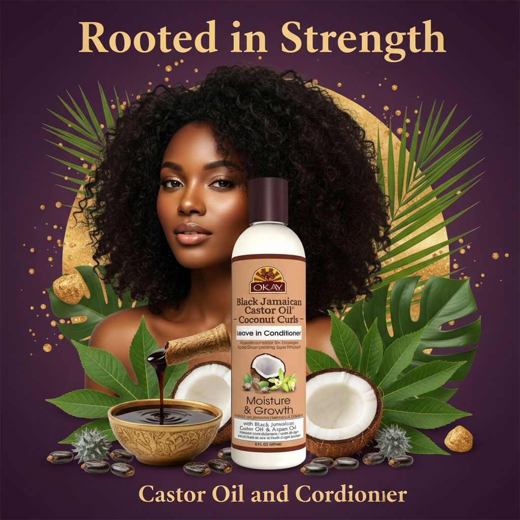 Okay Black Jamaican Castor Oil Coconut Leave In Conditioner Hero - Rooted in Strength. Okay Black Jamaican Castor Oil Coconut Leave-In Conditioner