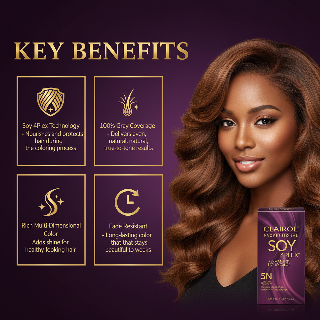 CLAIROL PERMANENT LIQUID 5N LIGHTEST NEUTRAL BROWN Clairol Soy 4Plex 5N Lightest Neutral Brown - Key Benefits