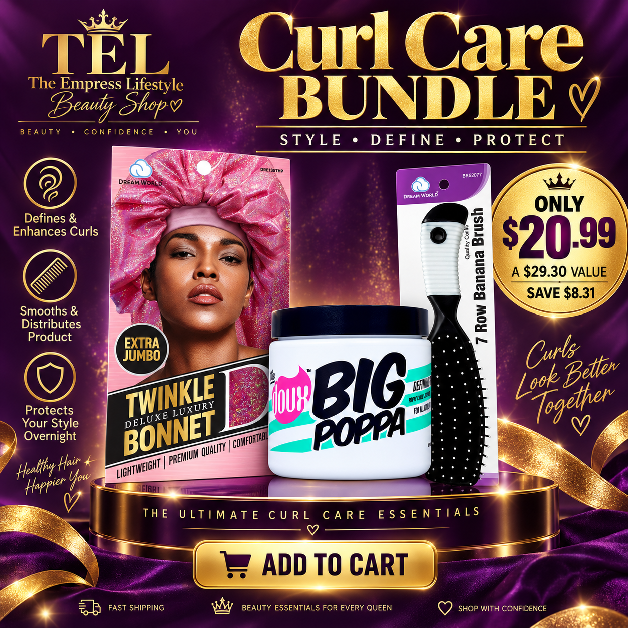 TEL Curl Care Bundle TEL Curl Care Bundle featuring Big Poppa Defining Gel, Brittny Banana 7 Row Brush, and Dream Women Twinkle Bonnet Jumbo